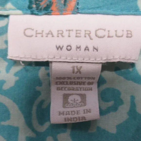 CHARTER CLUB womens TUNIC paisley EMBROIDERED metallic aqua CORAL SIZE 1X - Picture 4 of 8